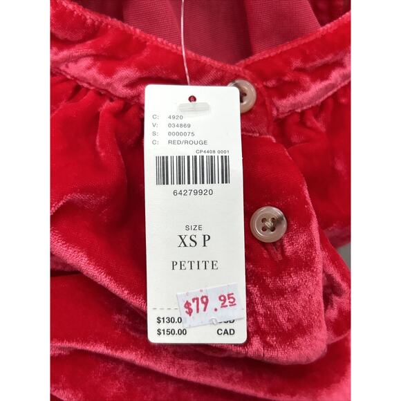 Pilcro And The Letterpress Top XS Petite Red Velvet Tab Collar Button Boho NWT - Picture 4 of 9